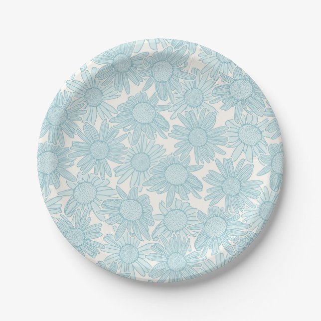 Light Blue Daisy Flowers Paper Plate (Front)