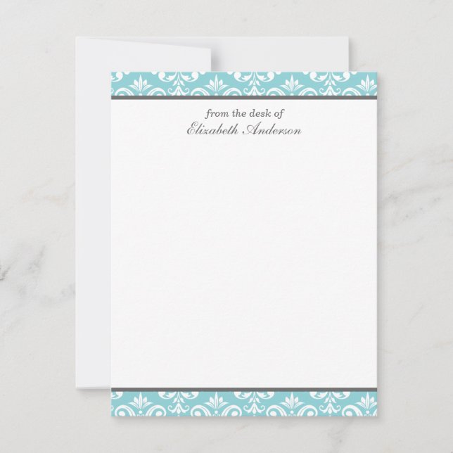 Light Blue Damask Flat Thank You Notes Invitation (Front)