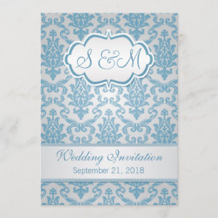 Light blue damask on silver background Wedding Invitation