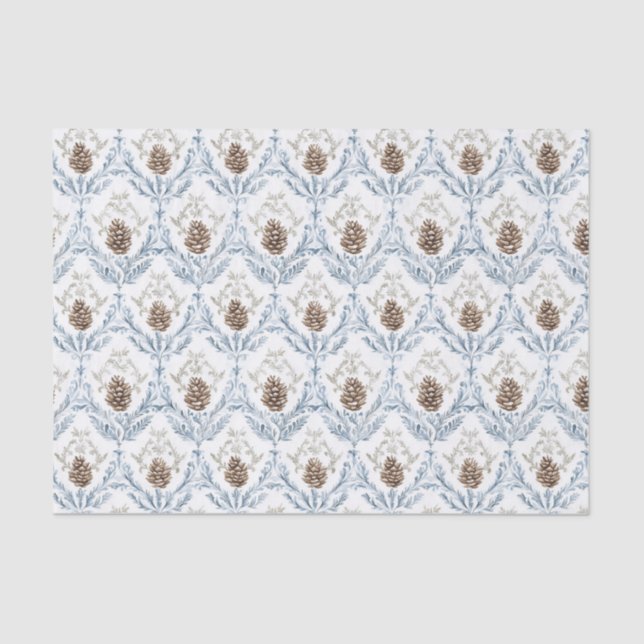 Light Blue Damask Pattern with Pine Cones Tissue Paper (Front)