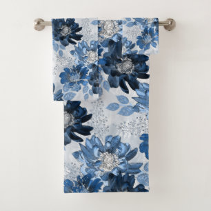 Light blue, dark blue flowers on light gray bath towel set