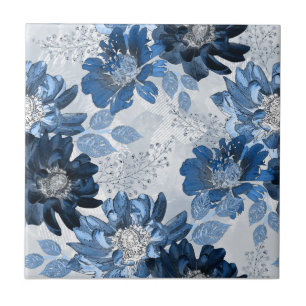 Light blue, dark blue flowers on light grey ceramic tile