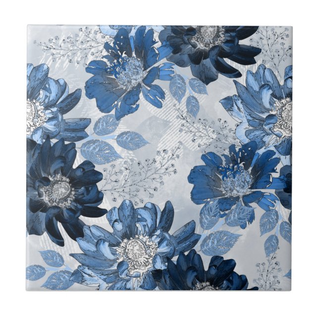 Light blue, dark blue flowers on light grey ceramic tile (Front)