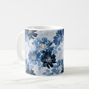 Light blue, dark blue flowers on light grey coffee mug