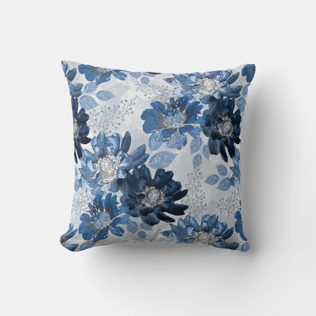 Light blue, dark blue flowers on light grey cushion (Front)