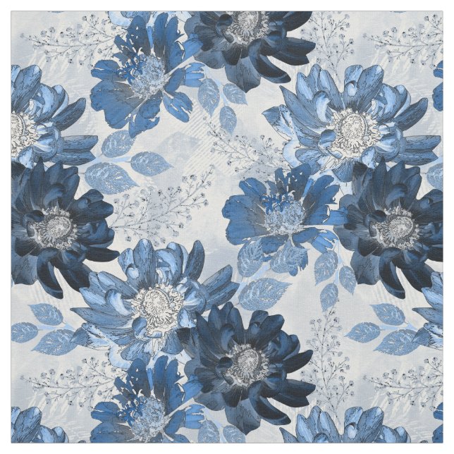 Light blue, dark blue flowers on light grey fabric (Swatch)