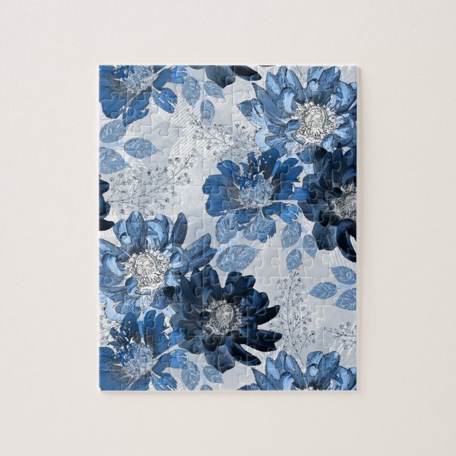 Light blue, dark blue flowers on light grey jigsaw puzzle (Vertical)
