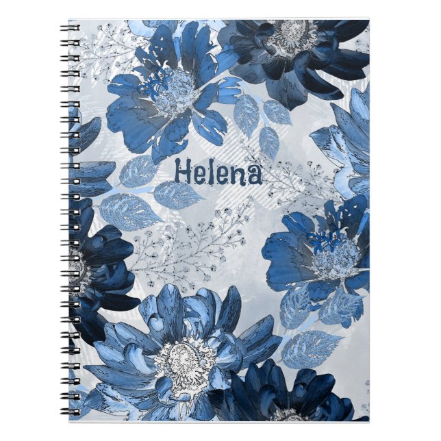 Light blue, dark blue flowers on light grey notebook (Front)