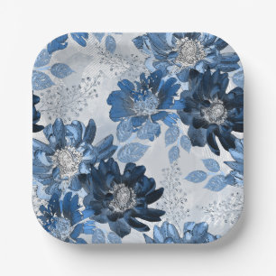 Light blue, dark blue flowers on light grey paper plate
