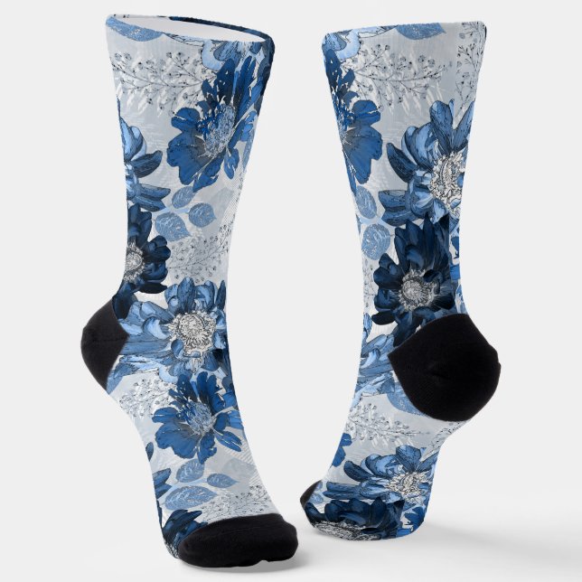 Light blue, dark blue flowers on light grey socks (Angled)