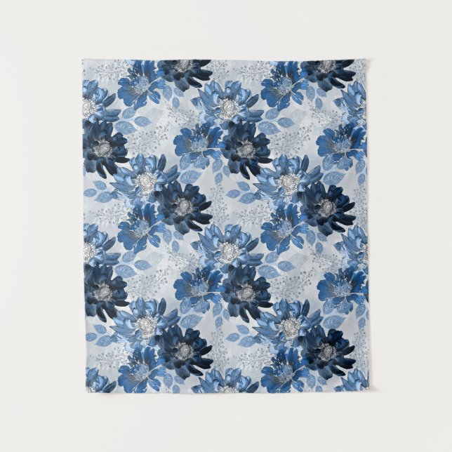 Light blue, dark blue flowers on light grey tapestry (Front)
