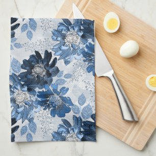Light blue, dark blue flowers on light grey tea towel