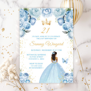 Light Blue Dark Skin Princess Birthday Party Invitation