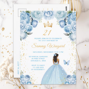 Light Blue Dark Skin Princess Birthday Party Postcard
