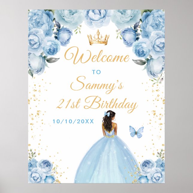 Light Blue Dark Skin Princess Birthday Welcome Poster (Front)