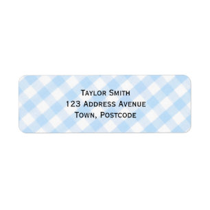 Light blue diagonal gingham pattern return address label
