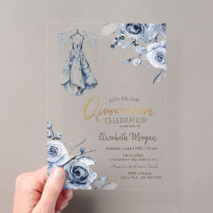 Light Blue Dress Blue Roses Quinceañera Acrylic Invitations