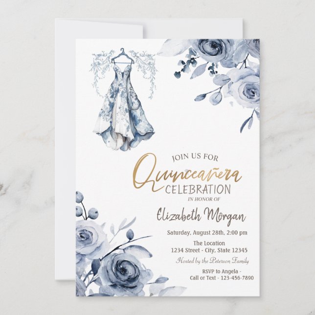 Light Blue Dress Blue Roses Quinceañera   Invitation (Front)