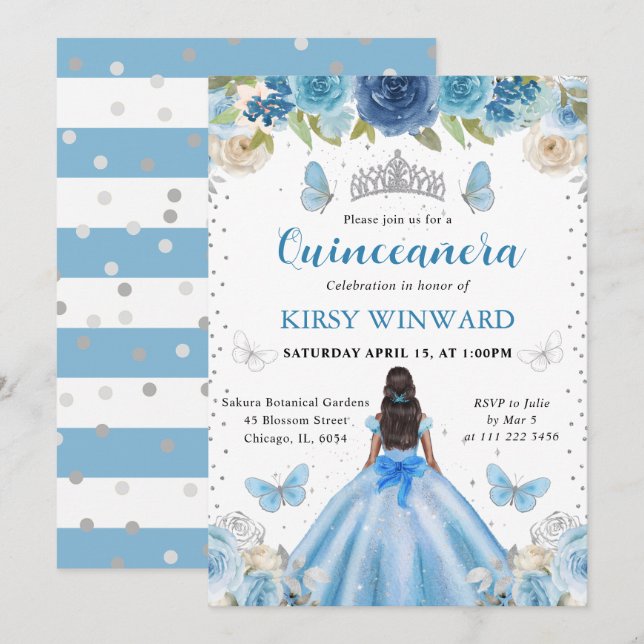 Light Blue Dress Dark Skin Princess Quinceanera Invitation (Front/Back)