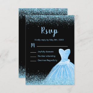 Light Blue Dress Faux Glitter Quinceanera RSVP Card