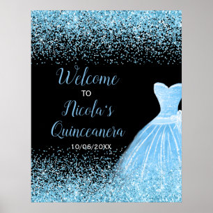 Light Blue Dress Faux Glitter Quinceanera Welcome Poster