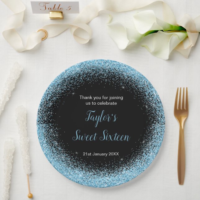 Light Blue Dress Faux Glitter Sweet 16 Birthday Paper Plate (Wedding)
