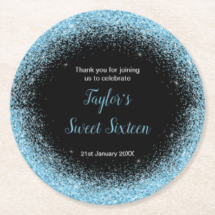 Light Blue Dress Faux Glitter Sweet 16 Birthday Round Paper Coaster