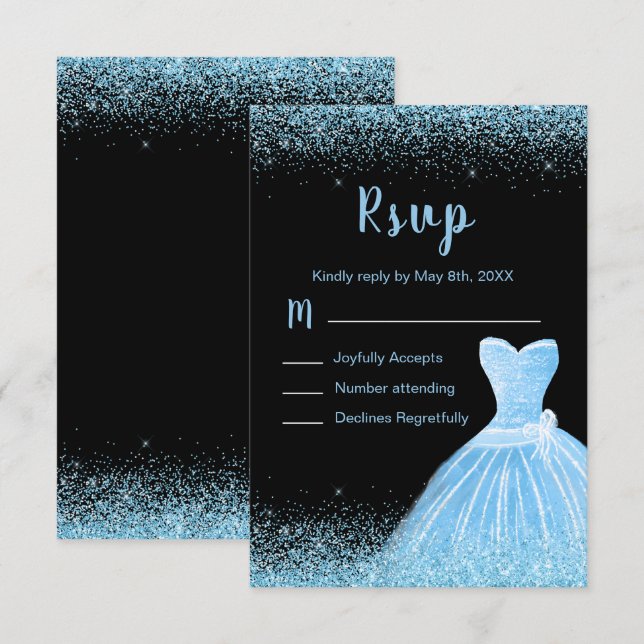 Light Blue Dress Faux Glitter Sweet 16 Birthday RSVP Card (Front/Back)