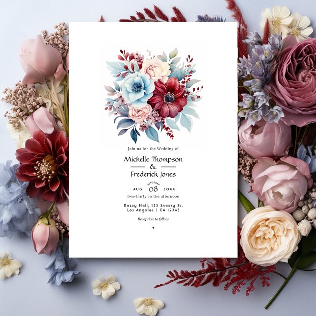 Light Blue, Dusty Blue and Burgundy Floral Wedding Invitation (Creator Uploaded)