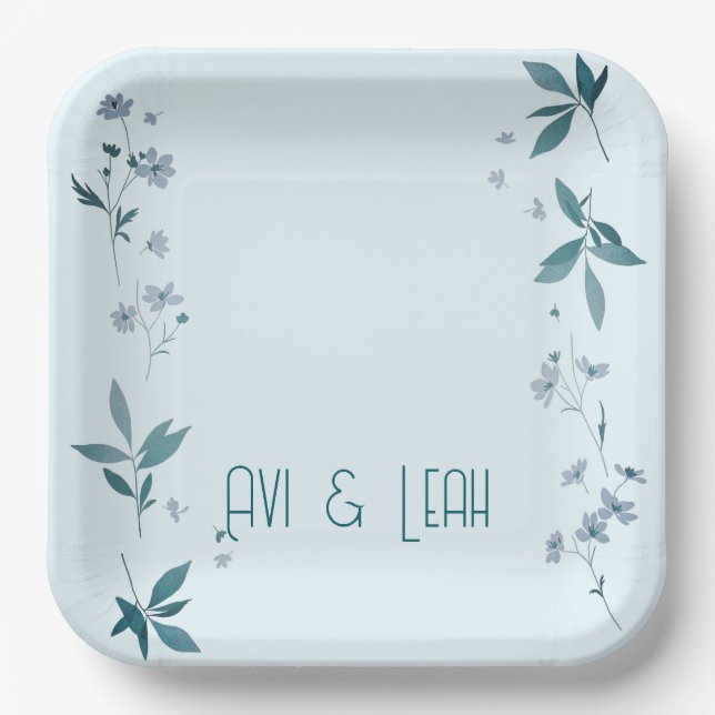 Light blue elegant Flowers and leaves dinneplates Paper Plate (Front)