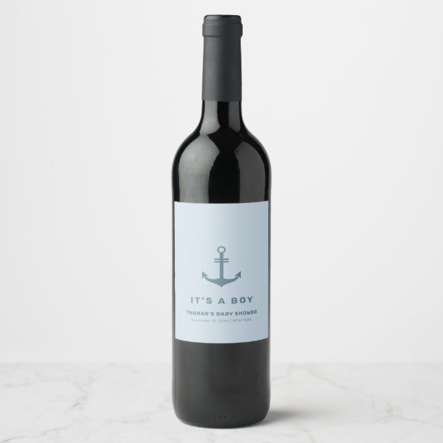 Light Blue Elegant Nautical Anchor Baby Shower  Wine Label (Front)