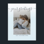 Light blue Elegant Script Family Photo Greetings Postcard<br><div class="desc">Personalised Minimalist light blue family photo Universal Greetings Postcards featuring a stylish photo with white ombre gradient chic overlay on purple pink background, your greetings message in elegant handwritten script font, your name, date, year, message on the back in a modern and simple sans serif font. Create your own greetings...</div>