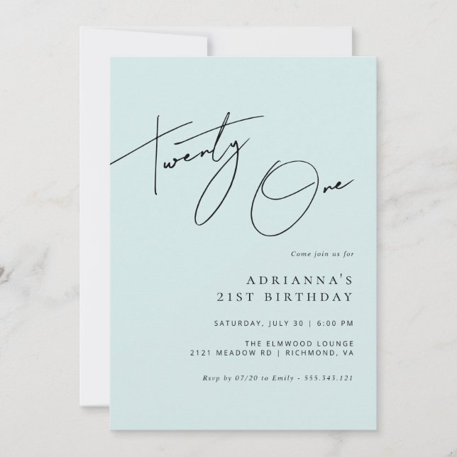 Light Blue | Elegant Script Women's 21st Birthday Invitation (Front)