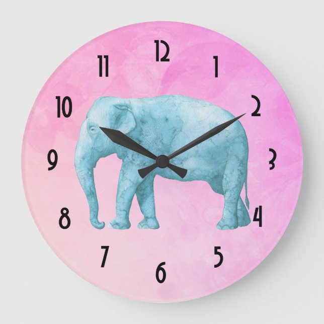 Light Blue Elephant on Dreamy Pink Watercolors Large Clock (Front)
