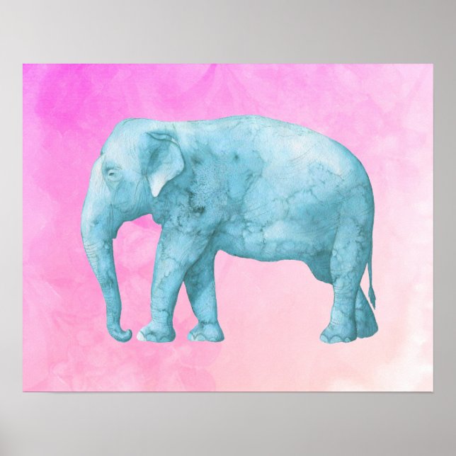 Light Blue Elephant on Dreamy Pink Watercolors Poster (Front)