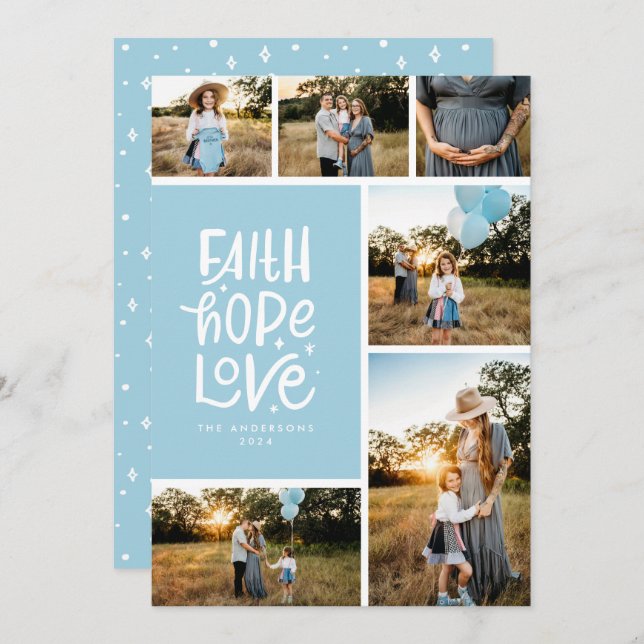 Light blue faith hope love multiple Photo Holiday Card (Front/Back)