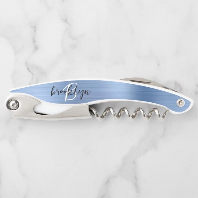 Light Blue Faux Brushed Metal Monogram Script Corkscrew (Front)