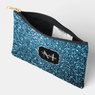 Light blue faux glitter sparkles Monogram Accessory Pouch