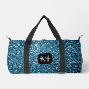 Light blue faux glitter sparkles Monogram Duffle Bag