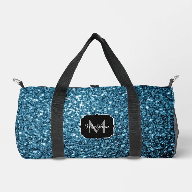 Light blue faux glitter sparkles Monogram Duffle Bag (Front)