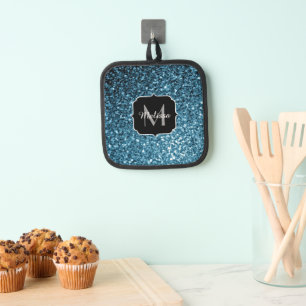 Light blue faux glitter sparkles Monogram Pot Holder