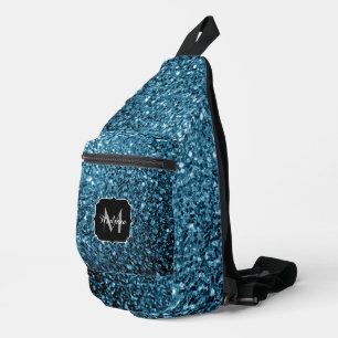 Light blue faux glitter sparkles Monogram Sling Bag