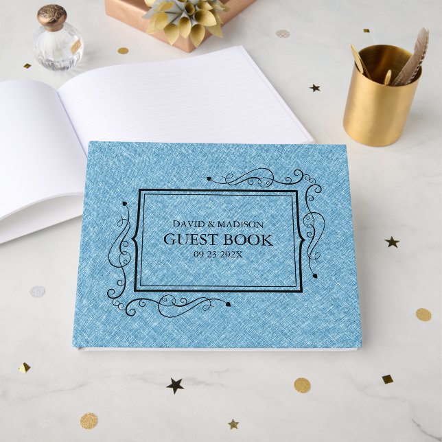 Light Blue Faux Linen Black Frame Guest Book (Front Open)