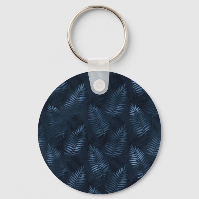 Light Blue Ferns Against Dark Blue Background Key Ring (Front)