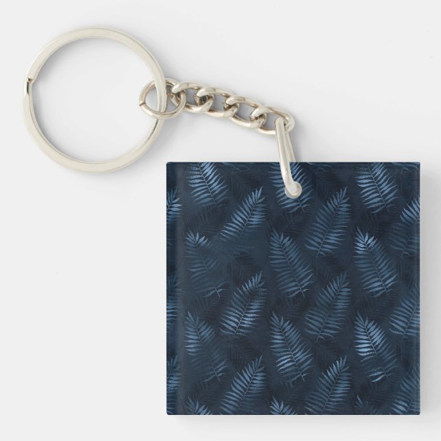 Light Blue Ferns Against Dark Blue Background Key Ring (Front)