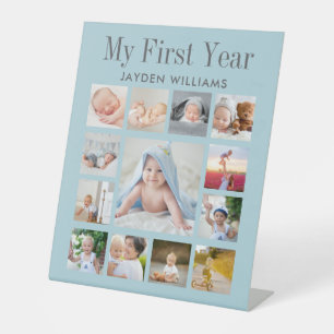 Light Blue First Birthday Party Baby Photo Collage Pedestal Sign