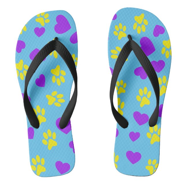 Light Blue Flip Flops with Yellow Cat Paw Prints  (Footbed)