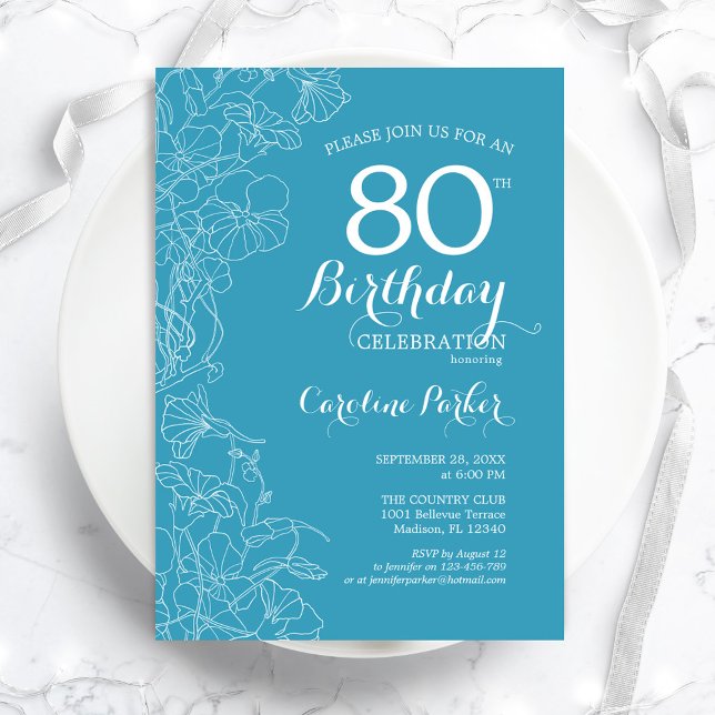 Light Blue Floral 80th Birthday Party Invitation (Creator Uploaded)