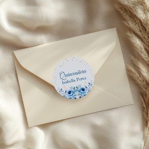 Light Blue Floral and Gold Glitter Quinceanera Classic Round Sticker