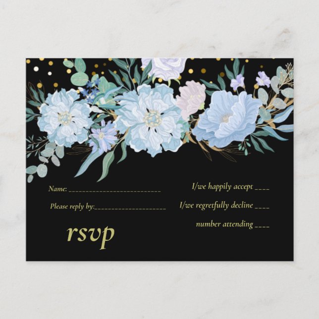 Light Blue Floral Black Modern Wedding Budget Invitation Postcard (Front)